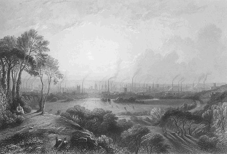 Engraving of Manchester England during the industrial revolution. The sky is filled with smoke and pollution coming from several buildings.
