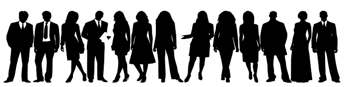 Silhouettes of several people standing in a line, all wearing business attire.