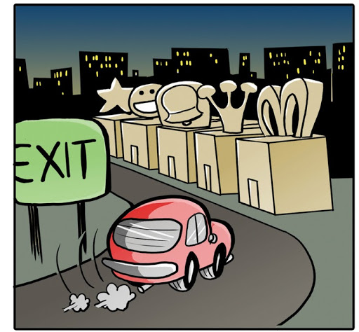 Cartoon of a red car passing an exit sign and heading towards different restaurants and businesses at night. City in the background.