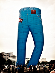 Giant hot air balloon in the shape of Levi's blue jeans.