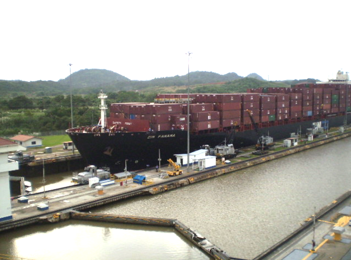 Cargo ship waiting for the gates to open in the Panama Canal.