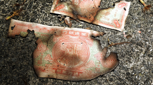 Two partially burned Chinese paper bills