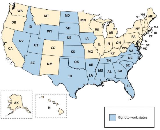 The following states are right-to-work states: Nevada, Idaho, Utah, Arizona, Wyoming, North Dakota, South Dakota, Nebraska, Kansas, Oklahoma, Texas, Iowa, Arkansas, Louisiana, Tennessee, Mississippi, Alabama, Georgia, Virginia, North Carolina, South Carolina, and Florida.