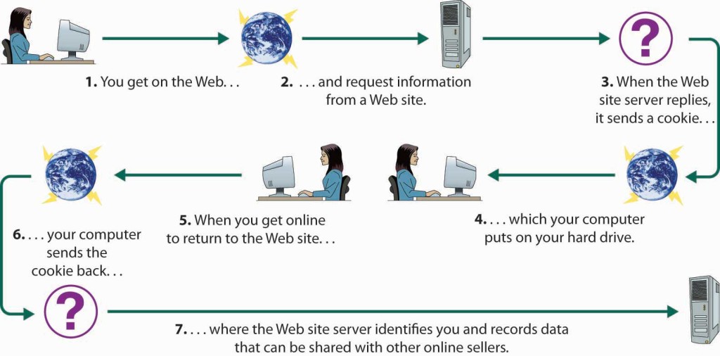 You get on the web and request information from a website. When the website serer replies, it sends a cookie, which your computer puts on your hard drive. When you get online to return to the website, your computer sends the cookie back, where the website server identifies you and records data that can be shared with other online sellers.