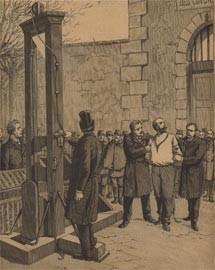 sepia-tone painting of Anarchist Auguste Vaillant in a white shirt being led by two men in coats to a guillotine