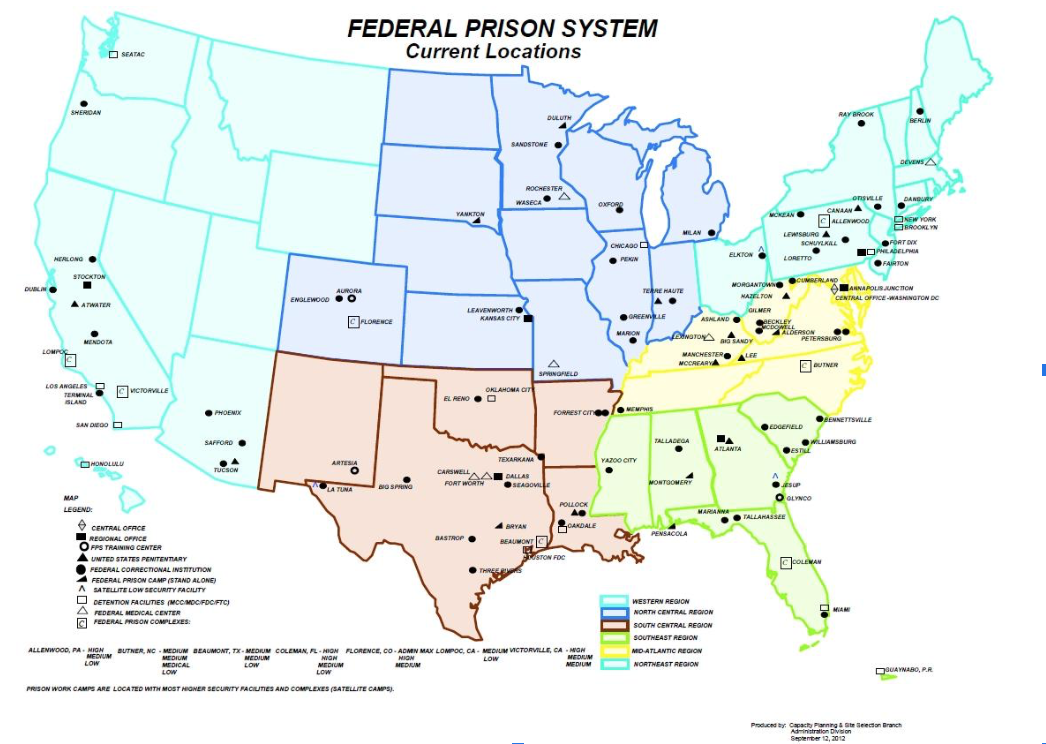 Map of the US by region with locations of prisons in the federal prison system 