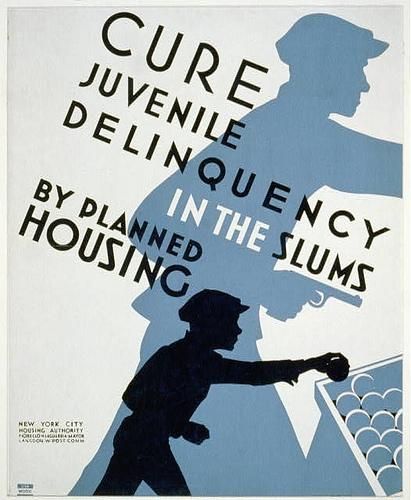 Poster promoting planned housing as a method to deter juvenile delinquency.  It shows the silhouette of a child stealing a piece of fruit and his shadow sillouhette as an older minor involved in armed robbery.