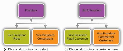 Two simplified org charts. One: divisional structure by product: President who supervises the vice president rides and the vice president concessions. Two: divisional structure by customer base: Bank President who supervises the vice president retail customers and the vice president commercial customers.