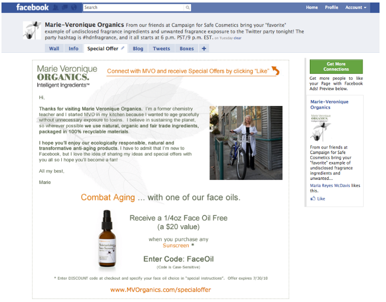 Screenshot of Facebook business page. Text says "Marie Veronique Organics Intelligent ingredients". Below is the iimage of a older woman with white hair riding a bicycle. Below the image is the text "Combating Aging... with one of our face oils. Recieve a 1/4/oz face oil free (a $20 value) when you purchase any sunscreen. Enter code: Face oil".