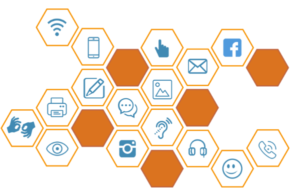 Image of blue icons used for communication channels. Icons include: Facebook logo, Instagram logo, and icons for wifi signal, cellphone, phone, printer, instant chat, headphones, hand with pointing finger, hands for sign language, eye, smiley face emoji, email envelope, and note taking icon with pencil on paper. 