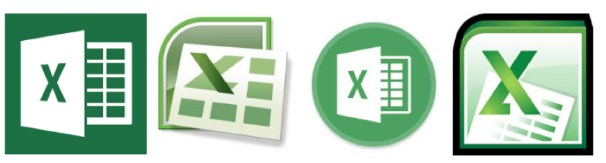 Se muestran cuatro versiones diferentes de logotipos de Microsoft Excel.
