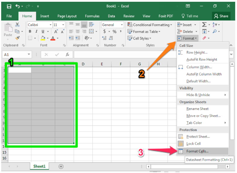 Una hoja de Microsoft Excel en blanco está abierta. Hay tres números que representan cada uno un aspecto diferente de la hoja. El primer número es verde y muestra un cuadro en el que se resalta una sección de celdas que han sido seleccionadas. El segundo número es naranja y junto a él como una flecha que apunta al menú desplegable de formato. El tercer número es rosa y tiene una flecha junto a él apuntando a la función de celdas de formato en el menú desplegable de formato.