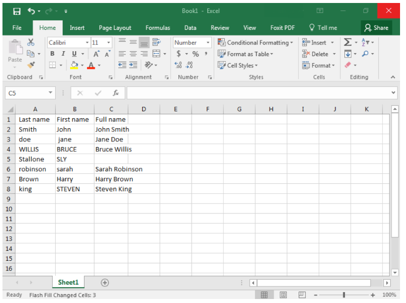 An excel sheet is open with names in cells A1 through C8, only excluding C5.