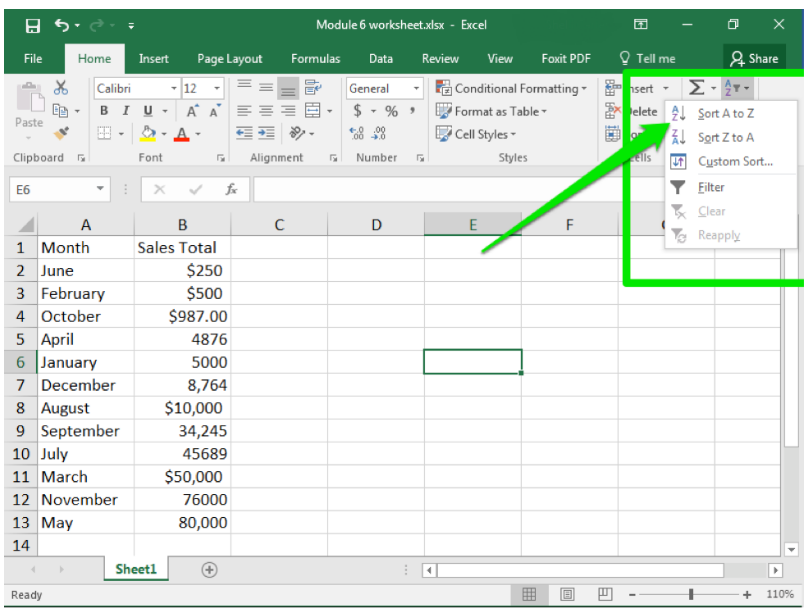 Data has been entered in Columns A and B through row 14. There is a green arrow pointing at a green box where a dropdown menu has opened up. The option to sort alphabetically is show.