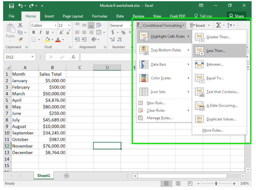 An excel sheet with data entered in columns A and B through row 13. There is a green box around the dropdown menu from the conditional formatting feature on the home tab of the ribbon.