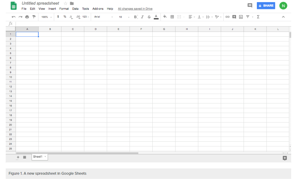 Screenshot of a blank spreadsheet in Google Sheets.