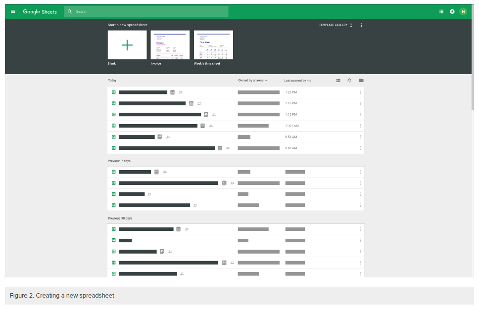 Screenshot of the Google Sheets home page. 