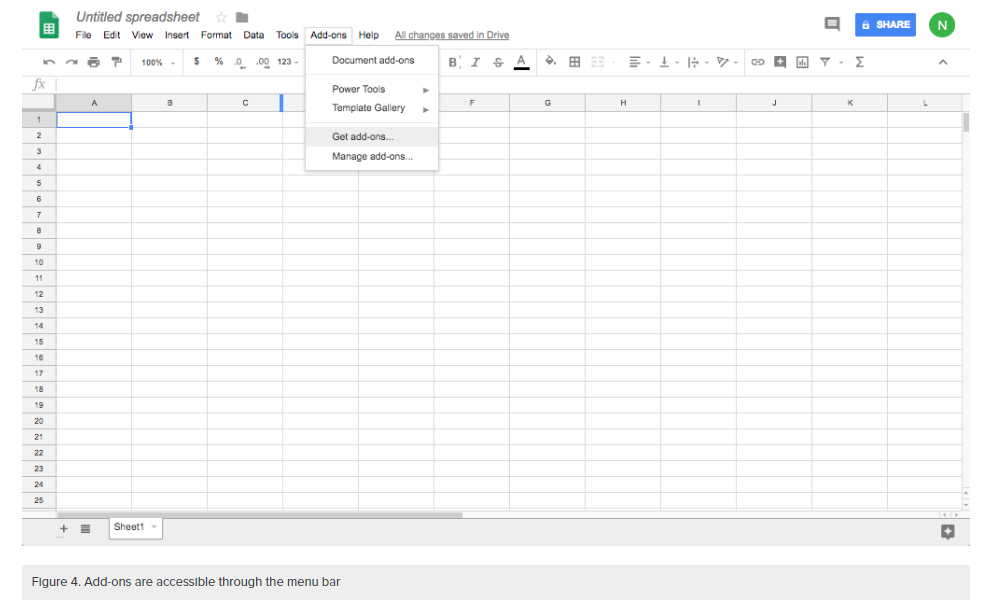 Screenshot of a blank Google Sheets spreadsheet with the Add-ons drop down menu shown. 