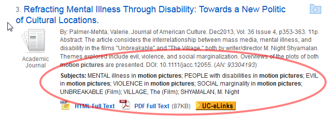 Screenshot of a search result in an academic database. The resulting article is titled "Refracting Mental Illness Through Disability: Towards a New Politic of Cultural Locations. In the screenshot the Subjects of the article are highlighted: Mental illness in motion pictures; people with disabilities in motion pictures; evil in motion pictures; violence in motion pictures, etc.