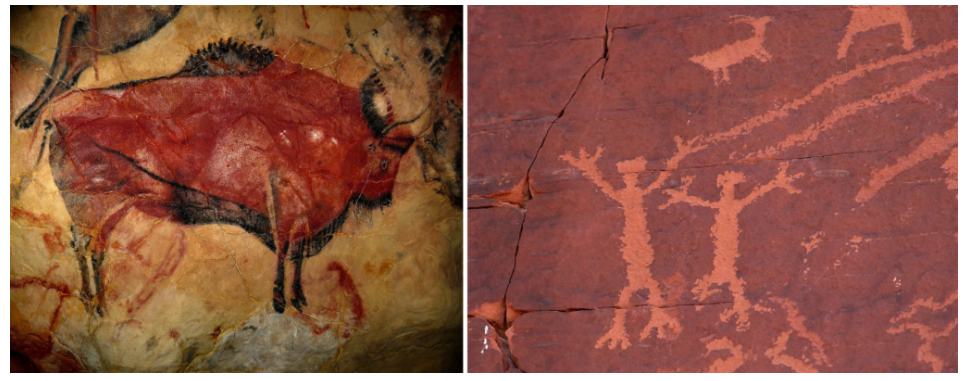 A two part image. The first shows a cave painting of bison. The second part shows a cave drawing of two stick figure men on red rocks