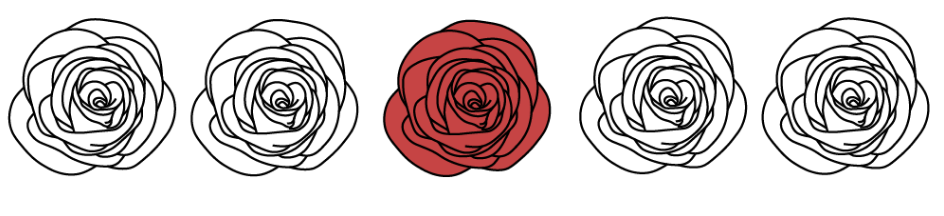 Ilustración de 5 rosas seguidas. Sólo el centro está coloreado en rojo el resto se dejan en blanco y negro.