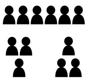 A diagram depicting hierarchy. At the top there is a row of 6 individuals. Below them in the left group is a row of two individuals and below them one individual. The left group has one individual above two individuals. 