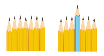 Ilustración de dos grupos de siete lápices seguidos. El grupo de lápices de la derecha tiene uno azul como lápiz del medio que es mucho más largo que los demás.