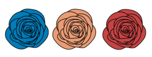 Ilustración de tres rosas. La rosa del extremo izquierdo es azul, la rosa media es naranja y la rosa extrema derecha es roja.