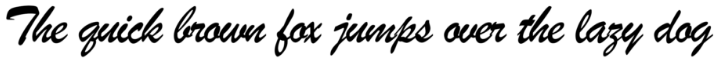 A cursive font with the words "The brown fox jumps over the lazy dog." The font has a lot of extra curves and is compressed, making it difficult to read