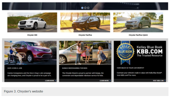 Screenshot of Chrysler's website listing their different car models.