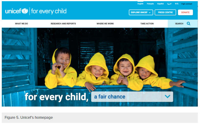 Four boys in yellow coats looking out the window of a blue building on Unicef's homepage. The slogan reads, "for every child, a fair chance."