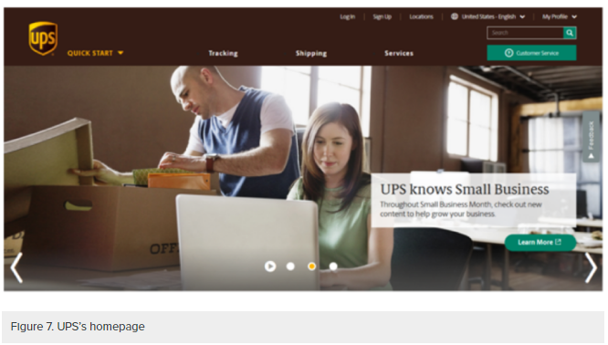 Screenshot of UPS's homepage. There is an image of a couple unpacking and looking on their laptop. The slogan on the homepage reads "UPS knows Small Business. Throughout Small Business Month, check out new content to help grow your business."