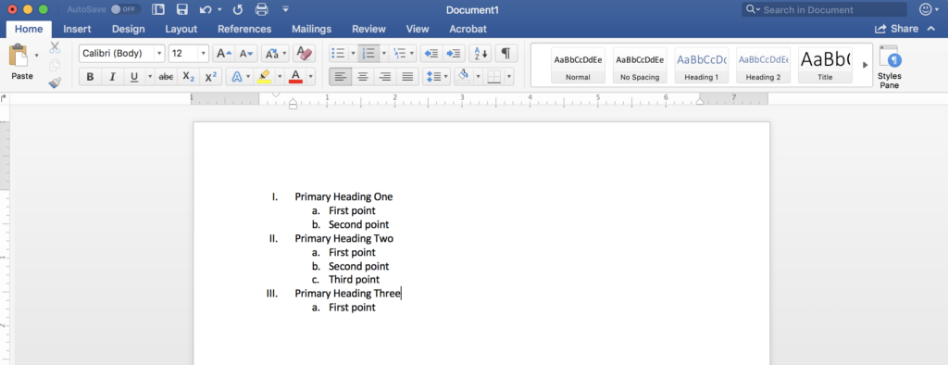 Screenshot of a Microsoft Word document with an example of formatting headings with numerical markers and formatting subheadings with alphabetical markers. The text says "1. Primary heading one a. first point b. second point 2. Primary heading two a. first point b. second point c. third point 3. Primary heading three a. first point"
