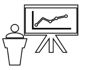 Illustration of a speaker standing in front of a oversized graph.