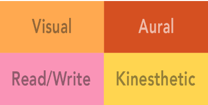 Un rectángulo dividido en cuatro cuadrantes. Cada cuadrante está etiquetado con una modalidad diferente de aprendizaje: Visual, Aural, Leer (y Escribir) y Kinestésica.