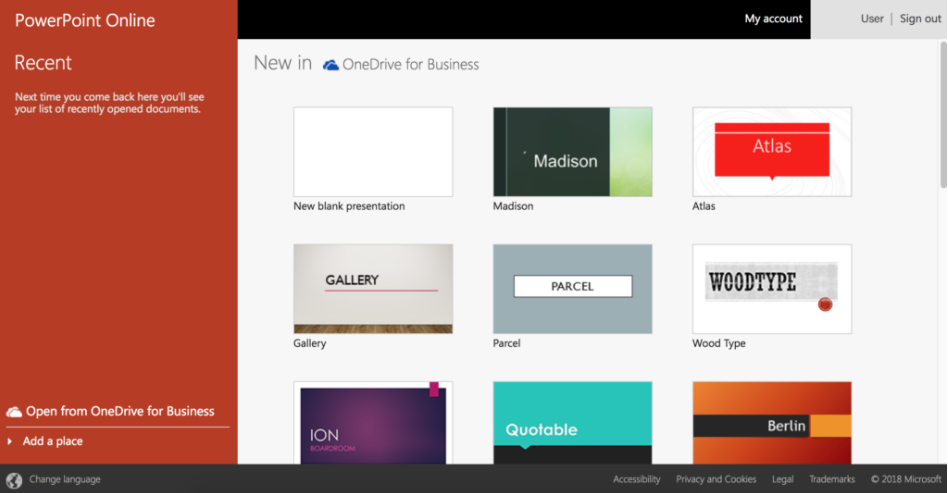 A screenshot of PowerPoint Online's template gallery. A sidebar shows recently used templates, while the main screen shows a 3 wide grid of different templates.