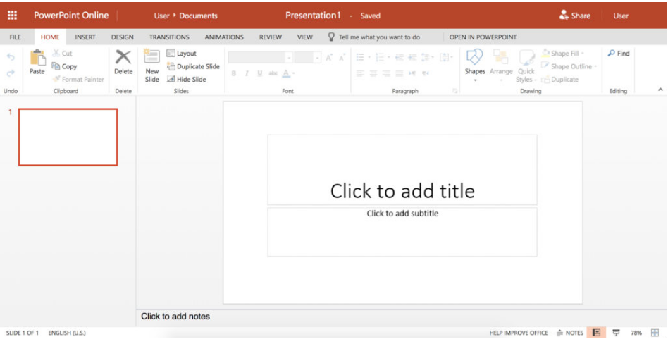Una captura de pantalla de una diapositiva de plantilla en PowerPoint en línea. La diapositiva tiene dos cuadros de texto. Uno dice “Click to add title” el otro lee “Click to add subtitle”.