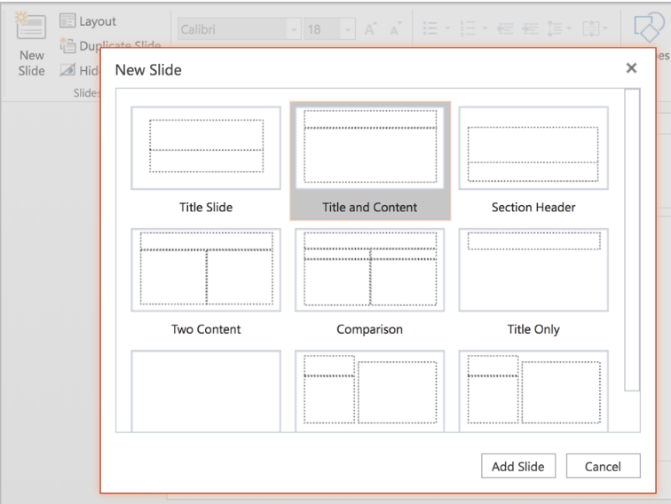 Captura de pantalla de elegir un nuevo diseño de diapositiva. Se selecciona la opción “título y contenido”.