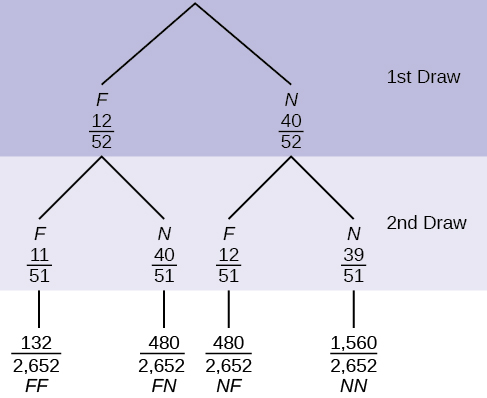 This is a tree diagram with branches showing frequencies of each draw. The first branch shows 2 lines: F 12/52 and N 40/52. The second branch has a set of 2 lines (F 11/52 and N 40/51) for each line of the first branch. Multiply along each line to find FF 121/2652, FN 480/2652, NF 480/2652, and NN 1560/2652.