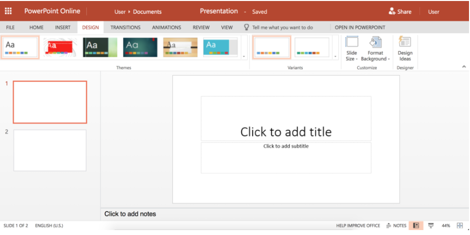 Captura de pantalla de la pantalla principal de PowerPoint. La barra de inicio superior muestra diferentes temas de diseño de diapositivas. Una columna a la izquierda que muestra las diapositivas que se han creado. Un cuadrado en el centro muestra la plantilla de diapositiva.