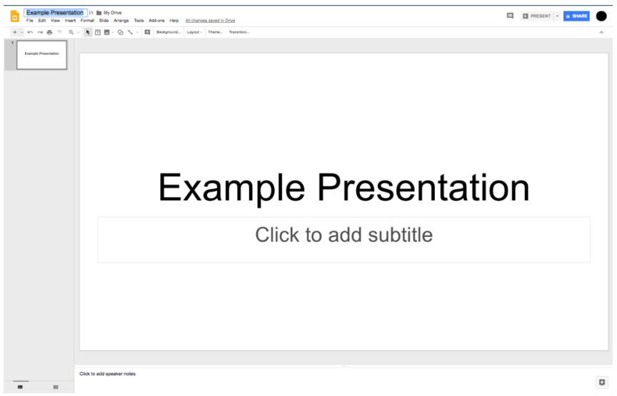 Captura de pantalla de una diapositiva de plantilla en las diapositivas de Google. La diapositiva tiene dos cuadros de texto. Uno dice “Presentación de ejemplo” y el otro dice “Haga clic para agregar subtítulo”.