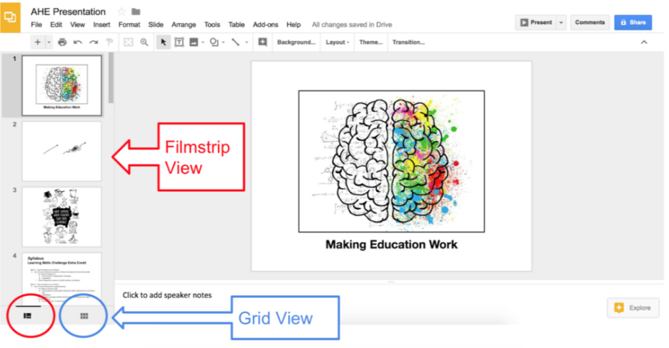 Screenshot of Google slides editing screen. In the center of the screen is the current slide being worded on. There is a box with an arrow labeled "Filmstrip View" pointing to the left sidebar that has a four thumbnail sized images of the slides already created. There is a box with an arrow labeled "Grid View" pointing to an icon of four squares in a grid pattern.