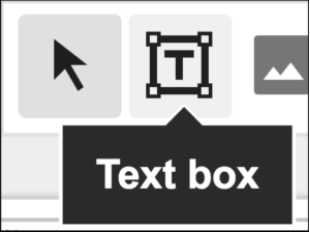 Captura de pantalla de tres iconos de la pestaña de inicio de diapositivas de Google: seleccionar, cuadro de texto e iconos de imagen. Un cuadro negro apunta al icono del cuadro de texto y dice “Cuadro de texto”.