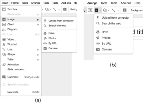Captura de pantalla de imágenes de Google slides y función de inserción de contenido. Hay dos cuadrados que muestran barras desmontables. La imagen de la izquierda está etiquetada como 'a' y muestra la barra desplegable de la pestaña de inserción para insertar imágenes. La imagen derecha está etiquetada como 'b' muestra el icono de la imagen resaltado y una barra desplegable para insertar imágenes.