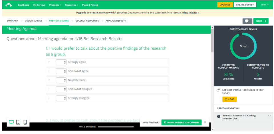 Una captura de pantalla de una encuesta en línea con la pregunta planteada, “Preferiría hablar de los hallazgos positivos de la investigación como grupo”. Las respuestas de “fuertemente de acuerdo, algo de acuerdo, ninguna preferencia, algo en desacuerdo, y fuertemente en desacuerdo” se dan como opciones.
