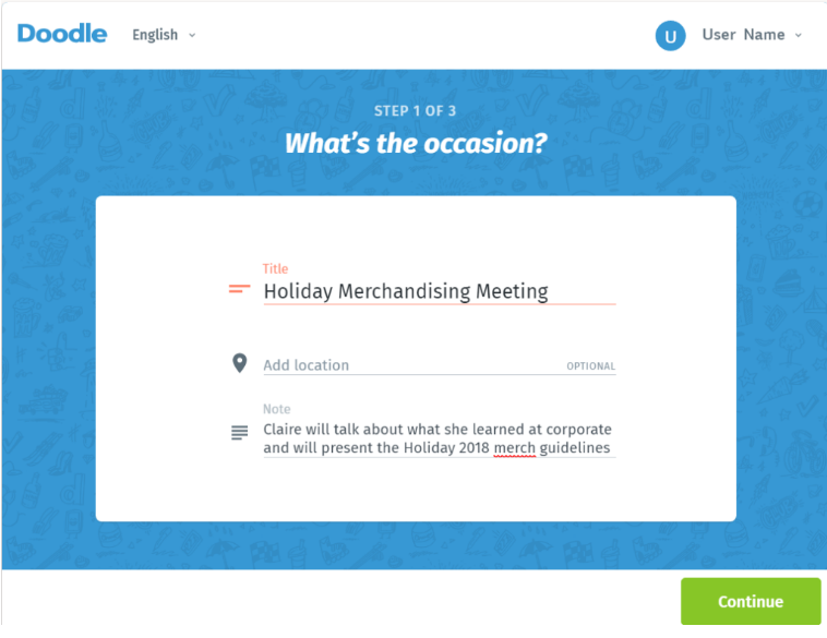 A screenshot of the website Doodle, a scheduling platform. The page is titled "What's the occasion?".