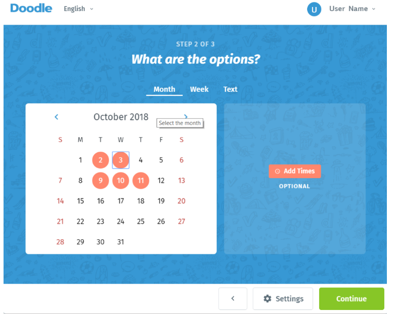 A screenshot of Doodle, a scheduling platform. The title of the page is "What are the options?", giving different options for the date of the event.