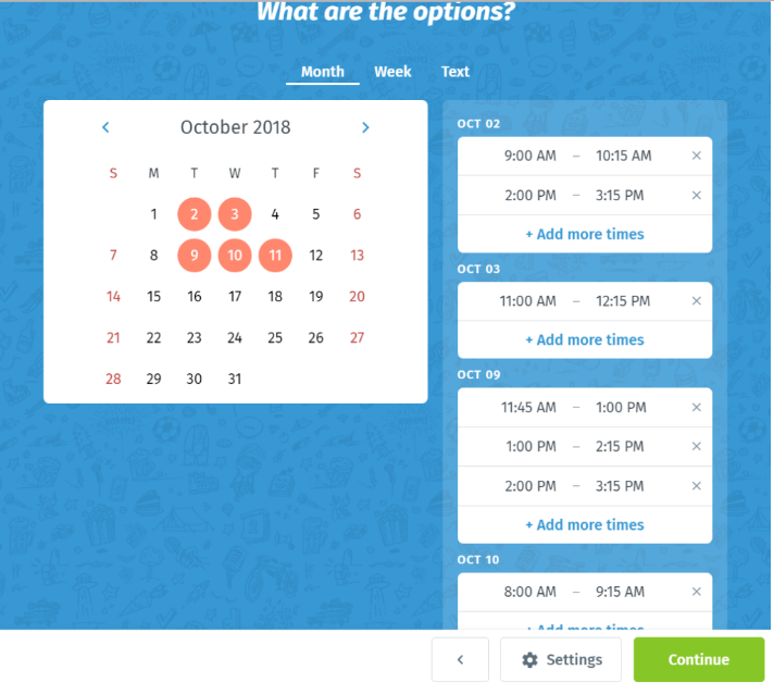 Una captura de pantalla de la plataforma de programación Doodle, con el título de la página siendo, “¿Cuáles son las opciones?”. Se listan horarios así como fechas.