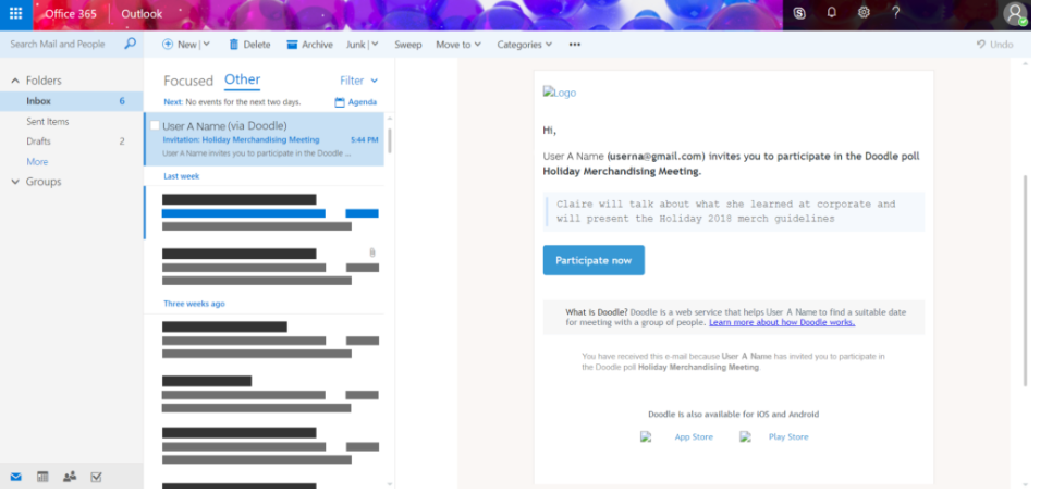 Una captura de pantalla de una bandeja de entrada de correo electrónico con un ejemplo de cómo se ve una invitación de Doodle vía correo electrónico.