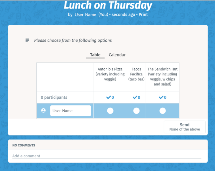 A screenshot from the scheduling platform Doodle. The page shows the event titled "Lunch on Thursday" and a poll with options as to where the location for lunch will be.